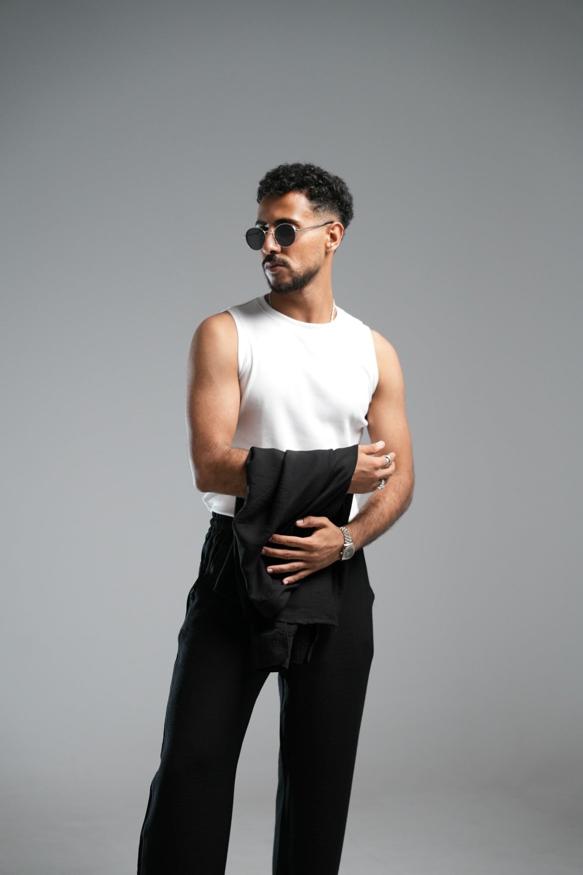 black linen set with white tank top