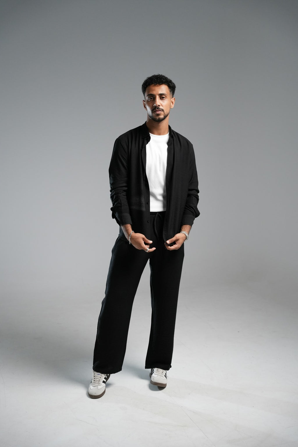 black linen set with white tank top