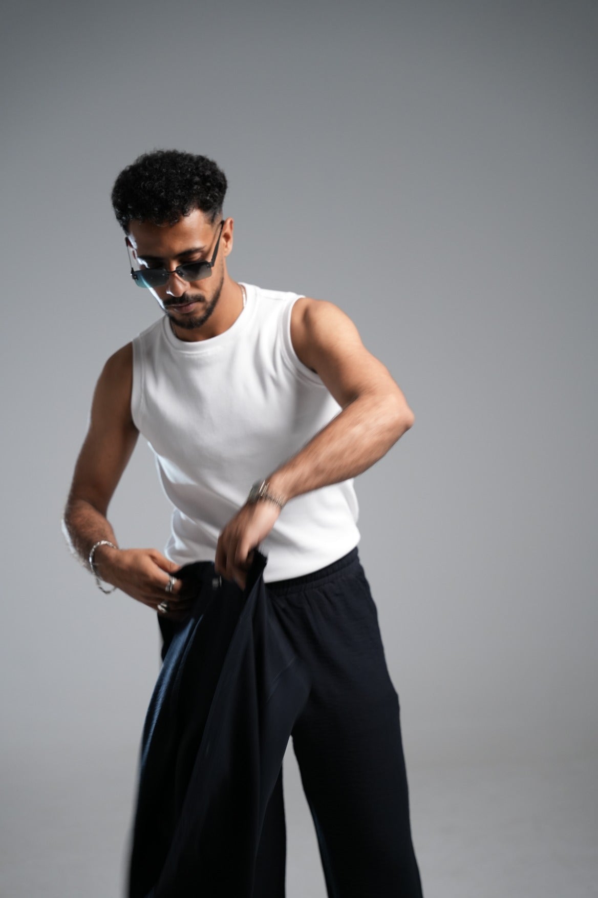 black linen set with white tank top