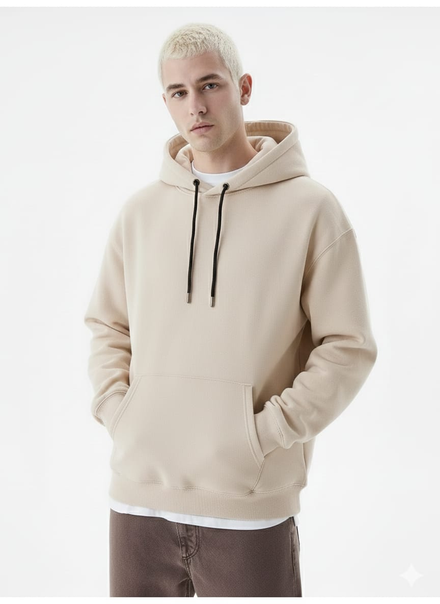 Men’s Beige Plain Hoodie – Heavyweight Cotton Winter Hoodie
