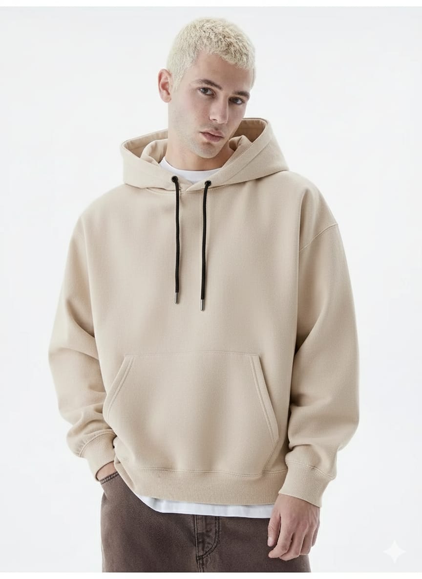 Men’s Beige Plain Hoodie – Heavyweight Cotton Winter Hoodie