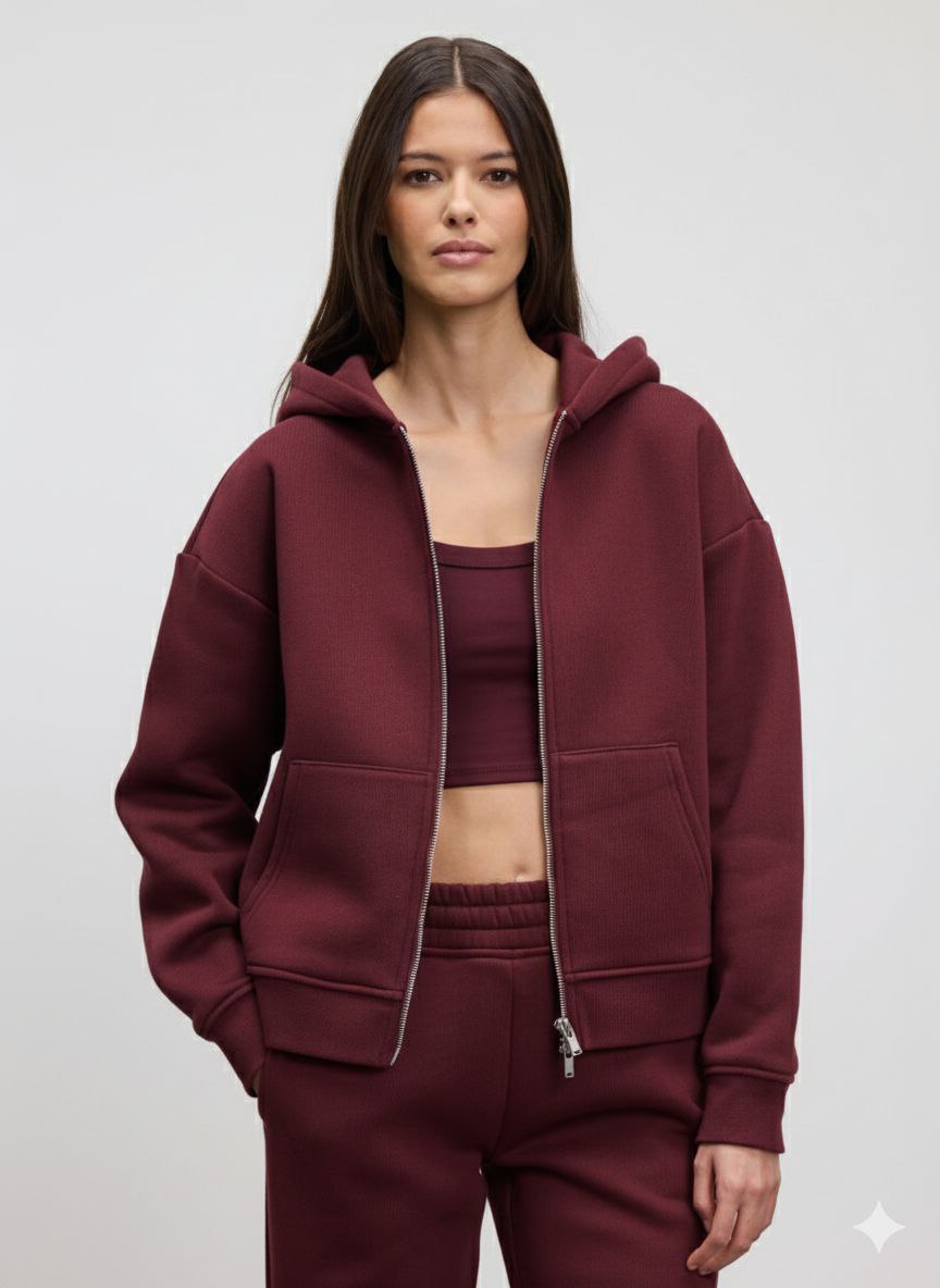 essential burgand zip hoodie