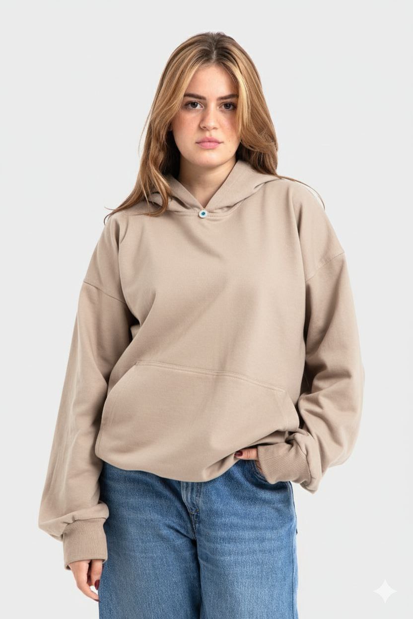 Men’s Beige Plain Hoodie – Heavyweight Cotton Winter Hoodie