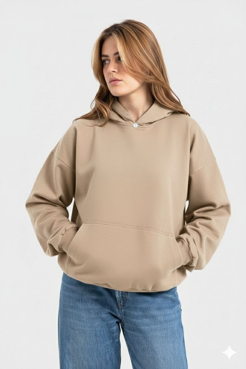 Men’s Beige Plain Hoodie – Heavyweight Cotton Winter Hoodie